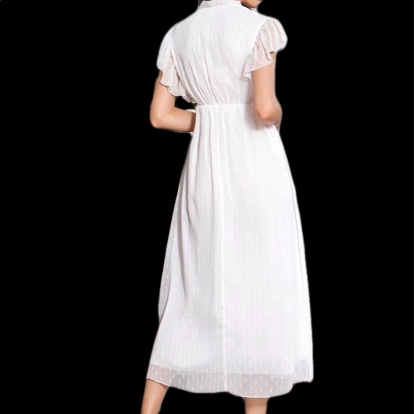 Tie neck dobby mesh overlay ruffle trim dress - Picture 2 of 3